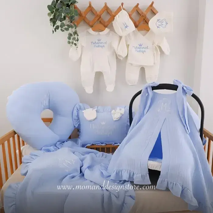 Bebe mavi emzirme yastıklı hastane çıkışı seti